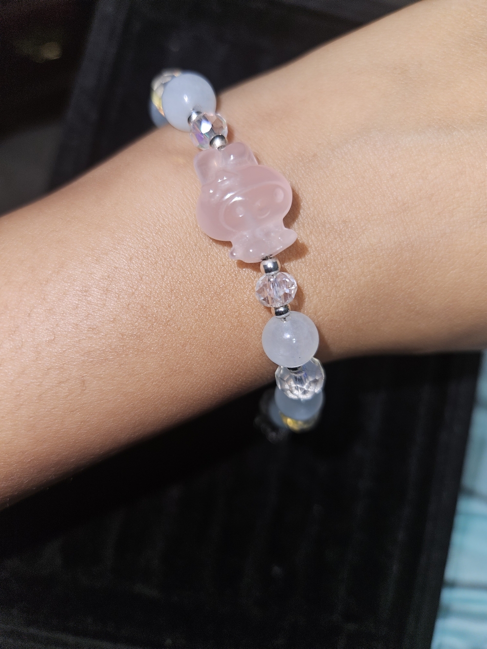 Rose Quartz Hello Kitty With Aquamarine Bead Charm Bracelet - Women's Jewelry